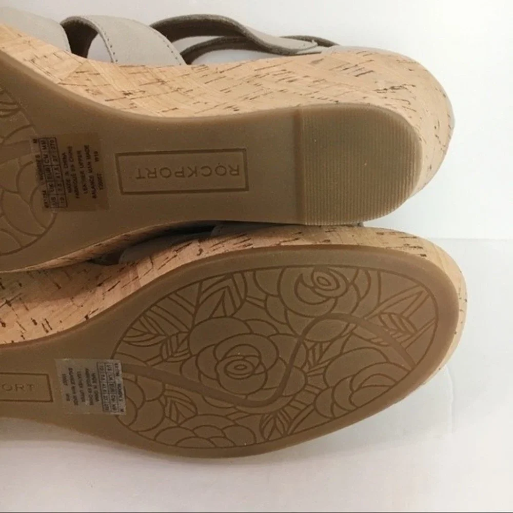 Rockport Womens Size 10 Briah Taupe Leather‎ Gladiator Wedges Sandals Shoes